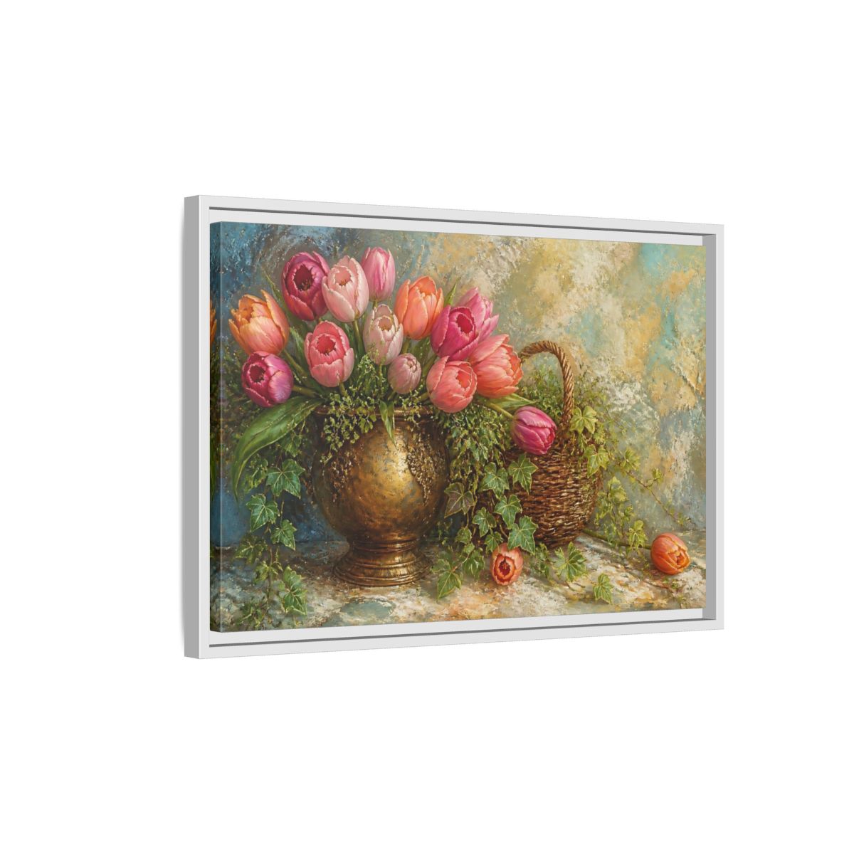 Side Mockup 1. Pink Tulip & Ivy Bouquet shown as framed canvas print