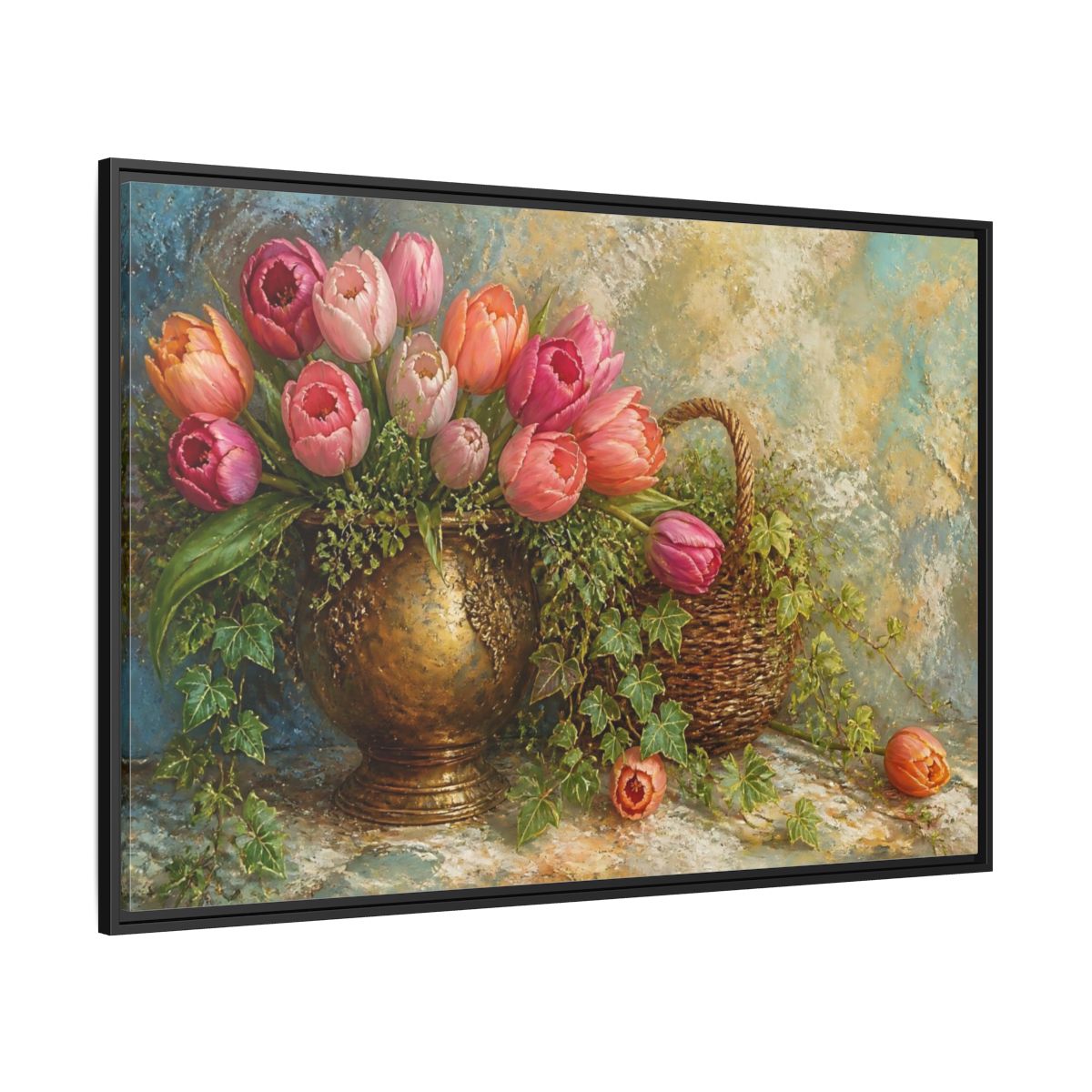 Side Mockup 12. Pink Tulip & Ivy Bouquet shown as framed canvas print
