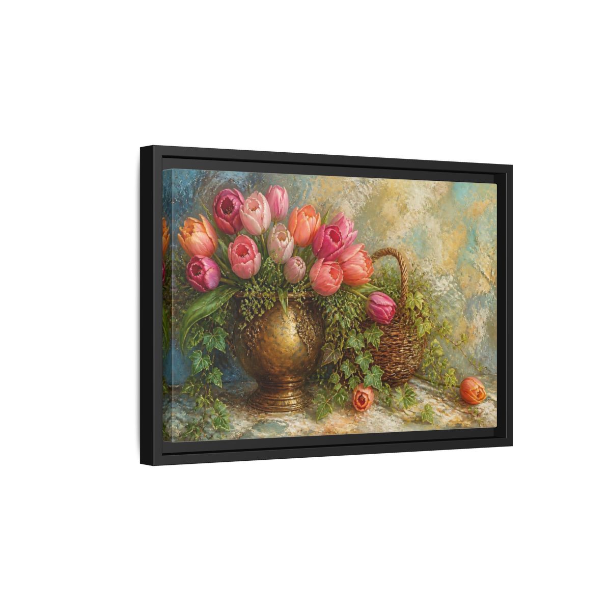 Side Mockup 6. Pink Tulip & Ivy Bouquet shown as framed canvas print