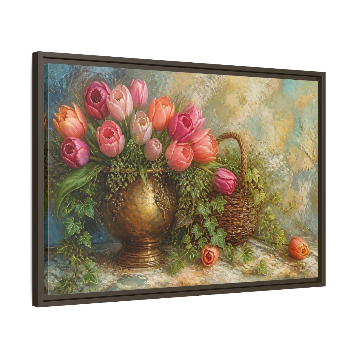 Side Mockup 11. Pink Tulip & Ivy Bouquet shown as framed canvas print