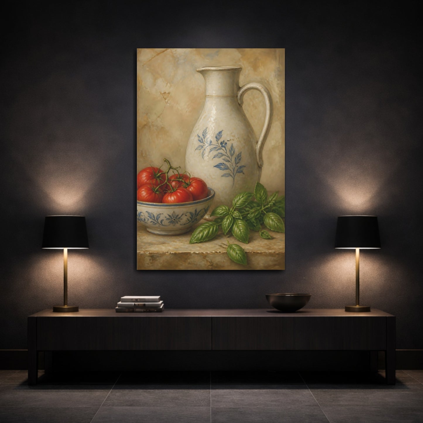 Mockup 3. Pitcher With Tomatoes And Basil shown as canvas print