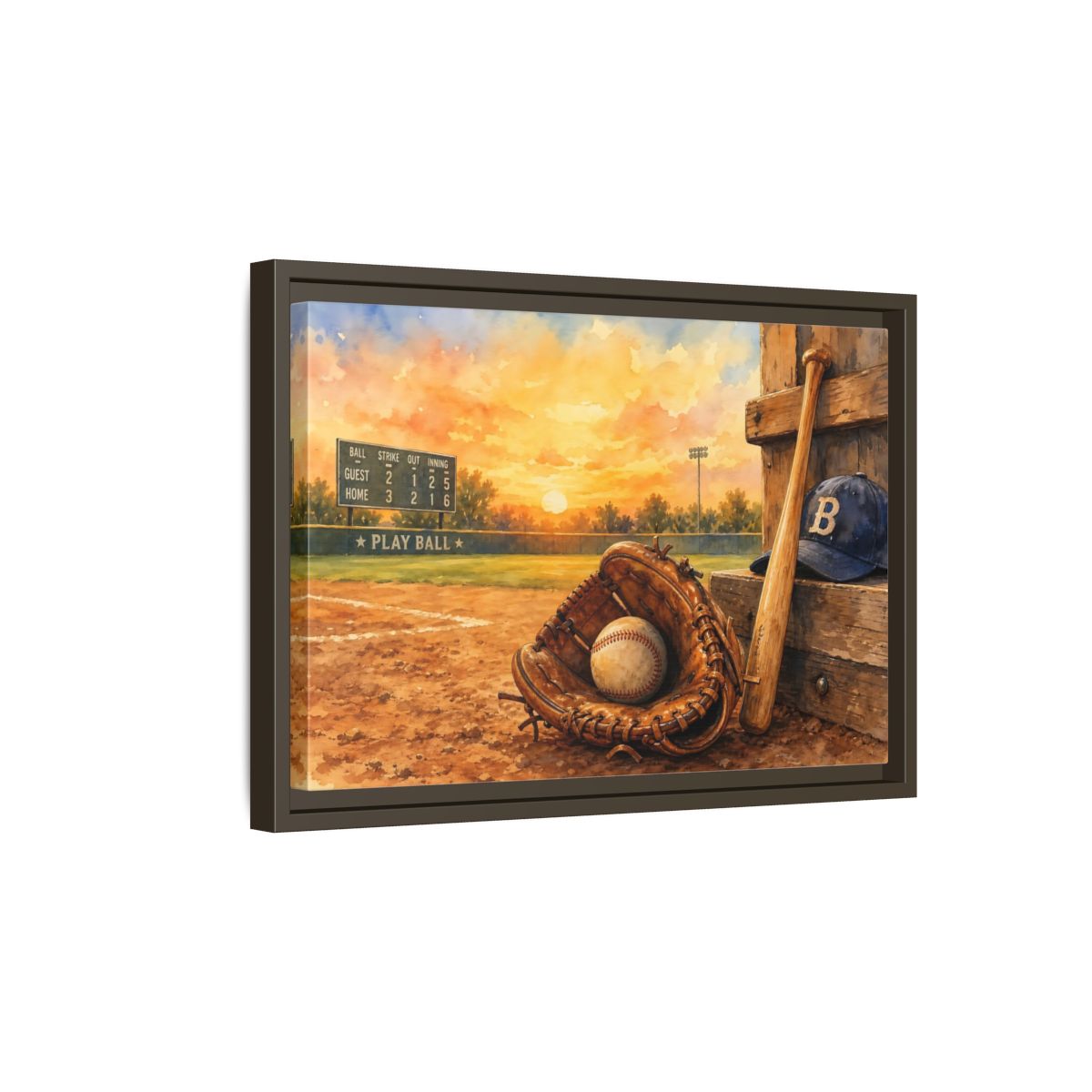 Side Mockup 5. Play Ball At Sunset shown as framed canvas print