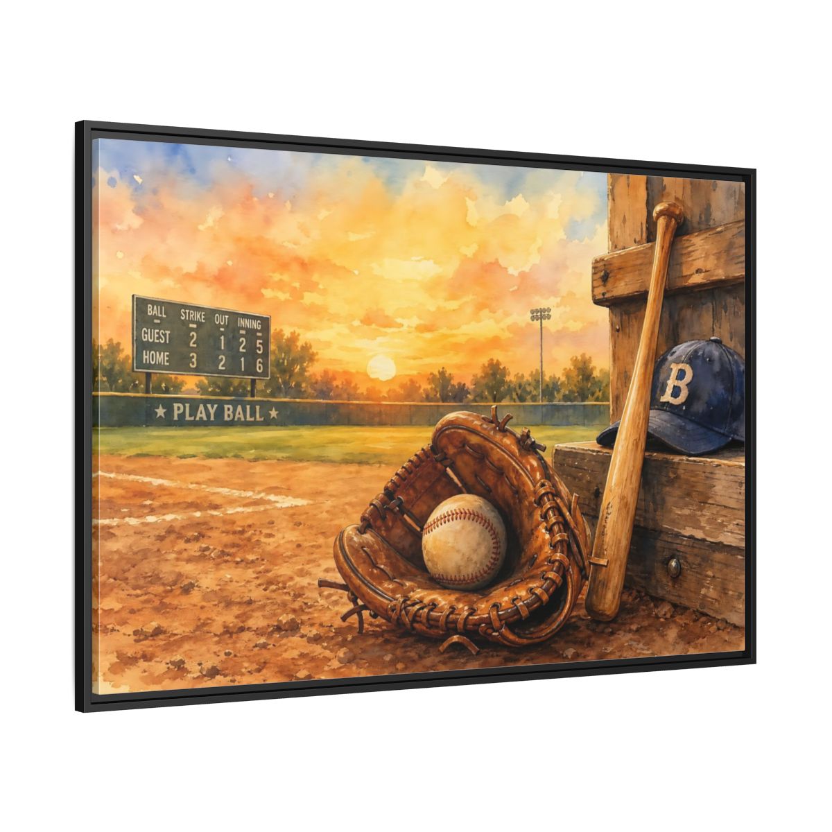 Side Mockup 12. Play Ball At Sunset shown as framed canvas print