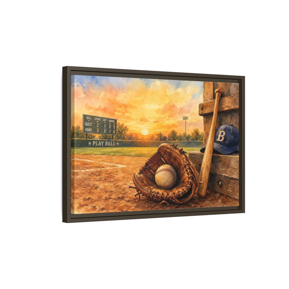 Side Mockup 2. Play Ball At Sunset shown as framed canvas print