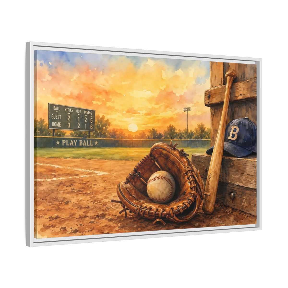 Side Mockup 9. Play Ball At Sunset shown as framed canvas print
