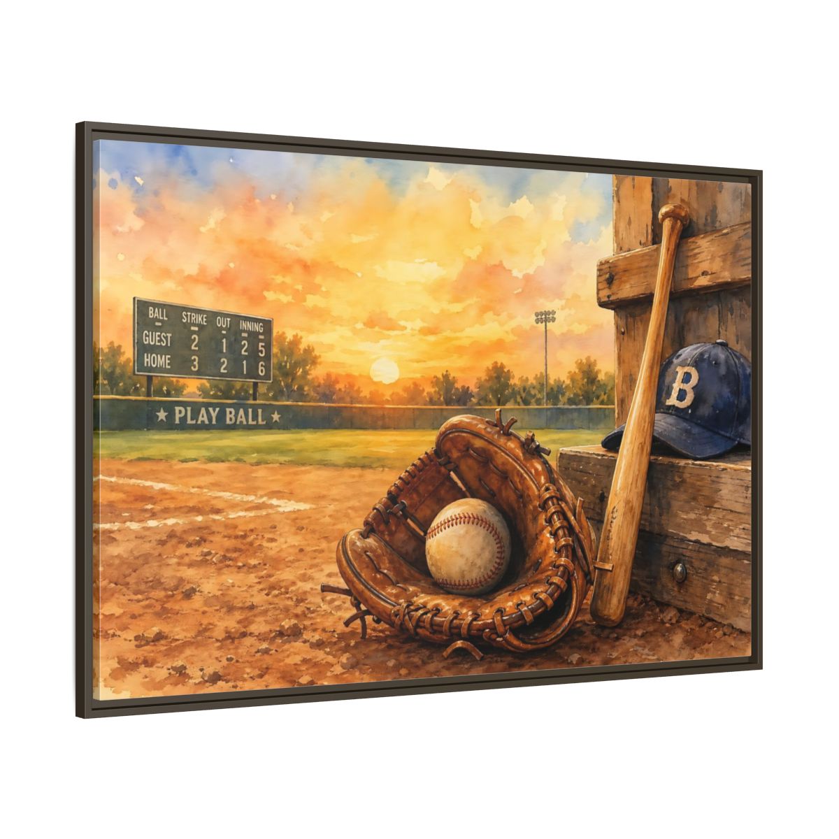 Side Mockup 8. Play Ball At Sunset shown as framed canvas print