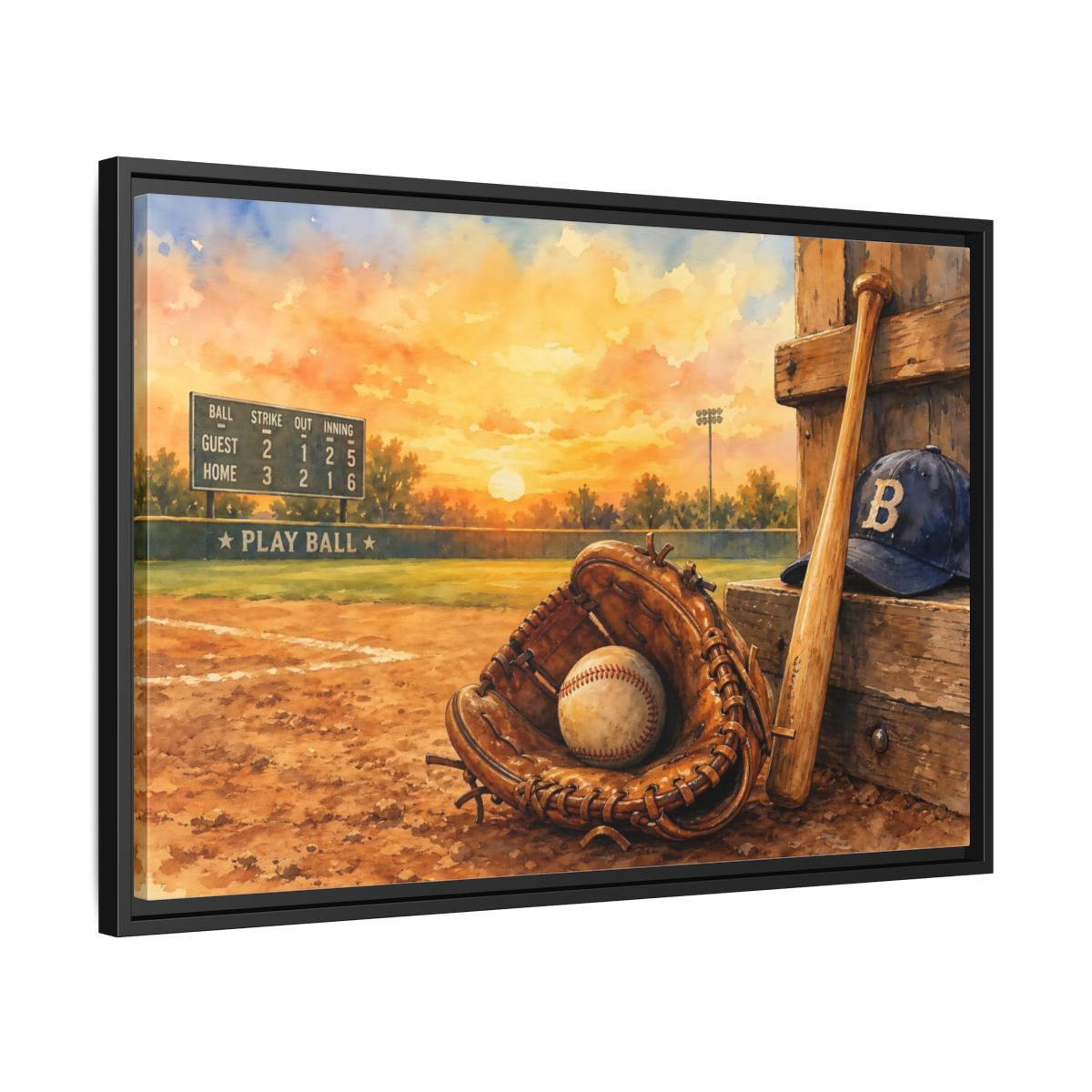 Side Mockup 14. Play Ball At Sunset shown as framed canvas print