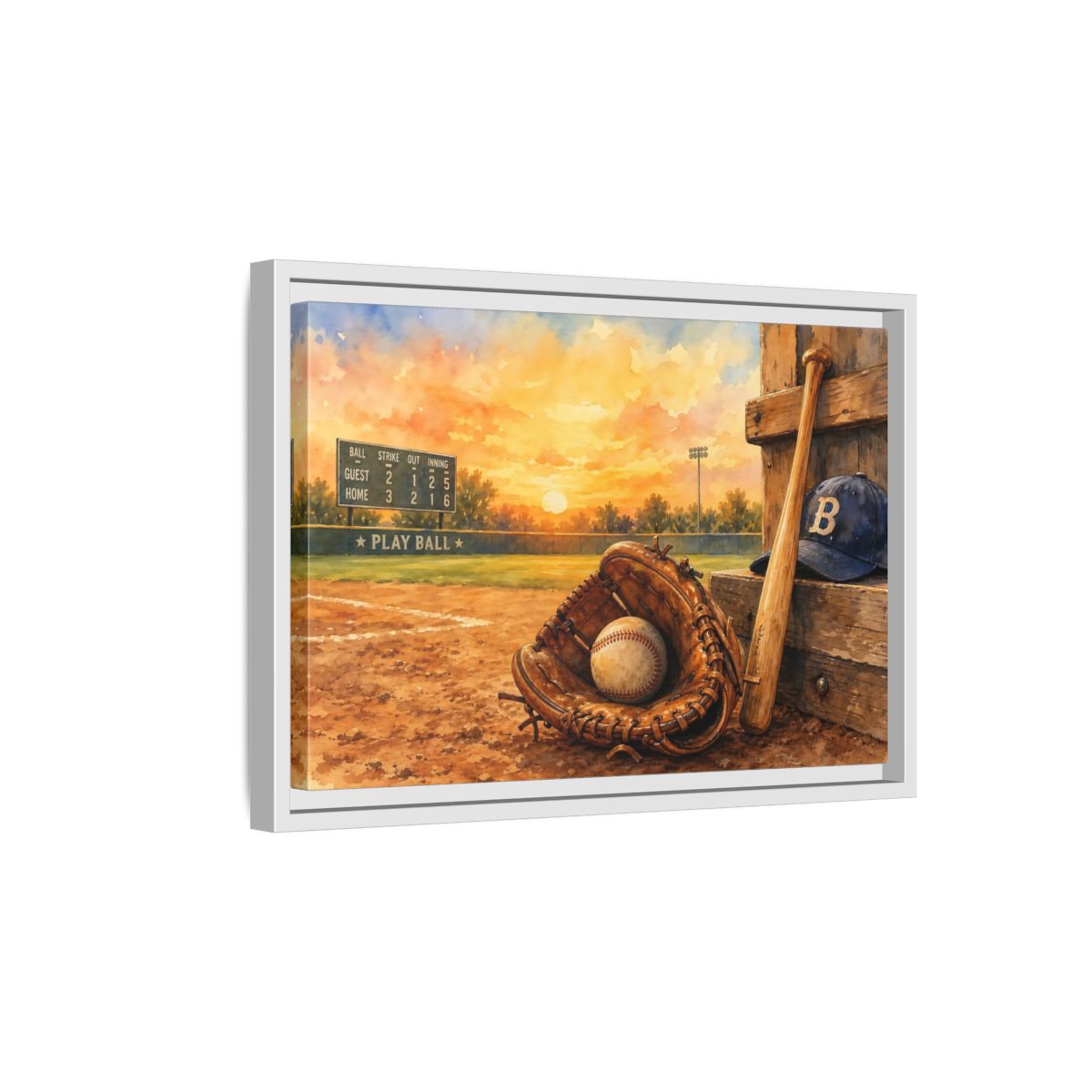 Side Mockup 4. Play Ball At Sunset shown as framed canvas print