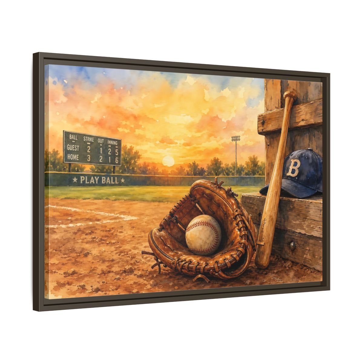 Side Mockup 11. Play Ball At Sunset shown as framed canvas print