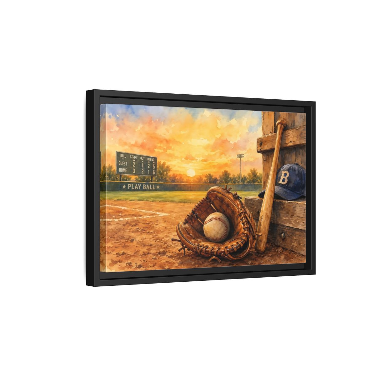 Side Mockup 6. Play Ball At Sunset shown as framed canvas print