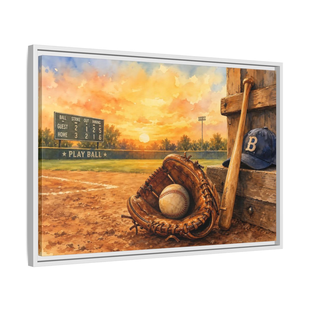 Side Mockup 10. Play Ball At Sunset shown as framed canvas print