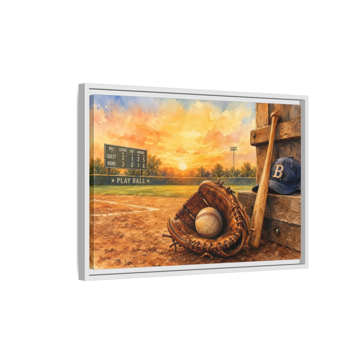 Side Mockup 1. Play Ball At Sunset shown as framed canvas print