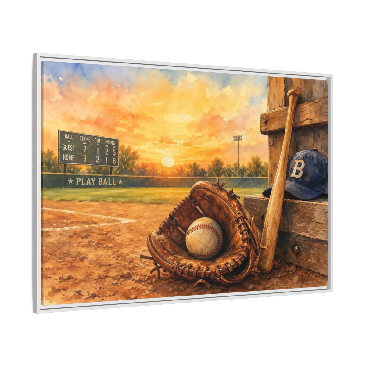 Side Mockup 7. Play Ball At Sunset shown as framed canvas print