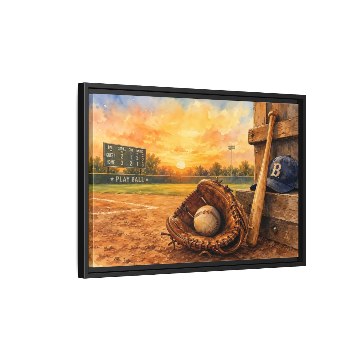 Side Mockup 3. Play Ball At Sunset shown as framed canvas print