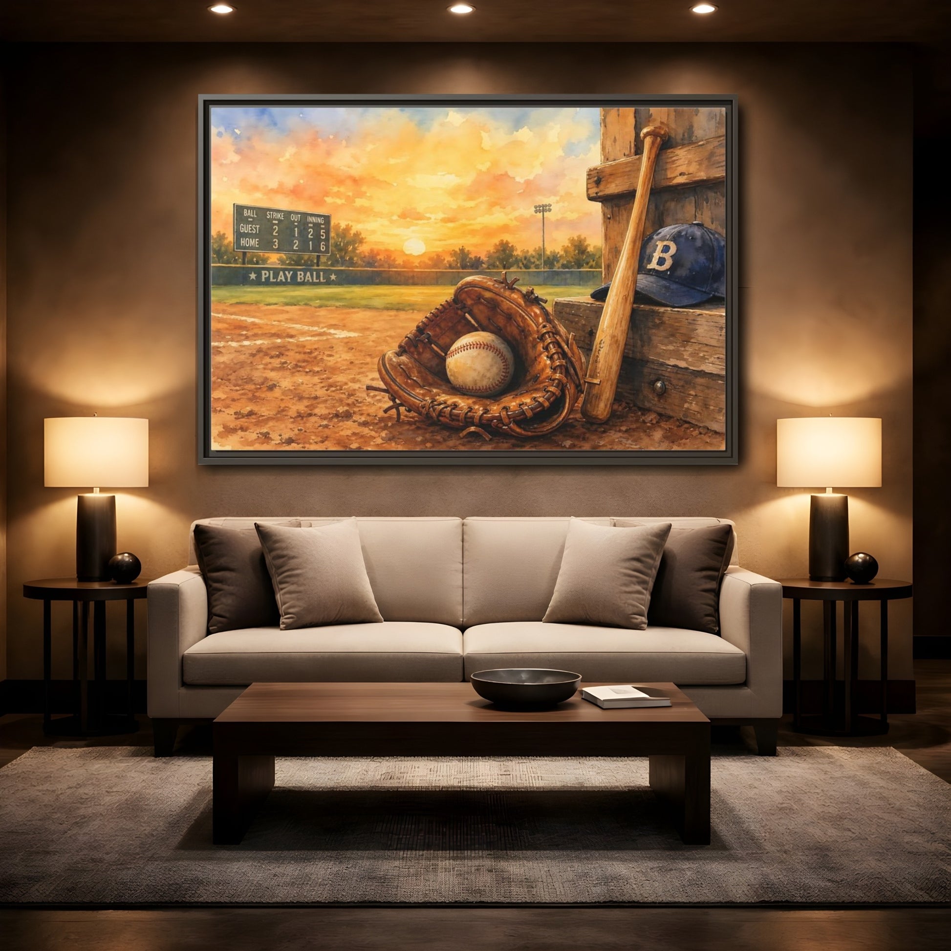 Mockup 2. Play Ball At Sunset shown as framed canvas print