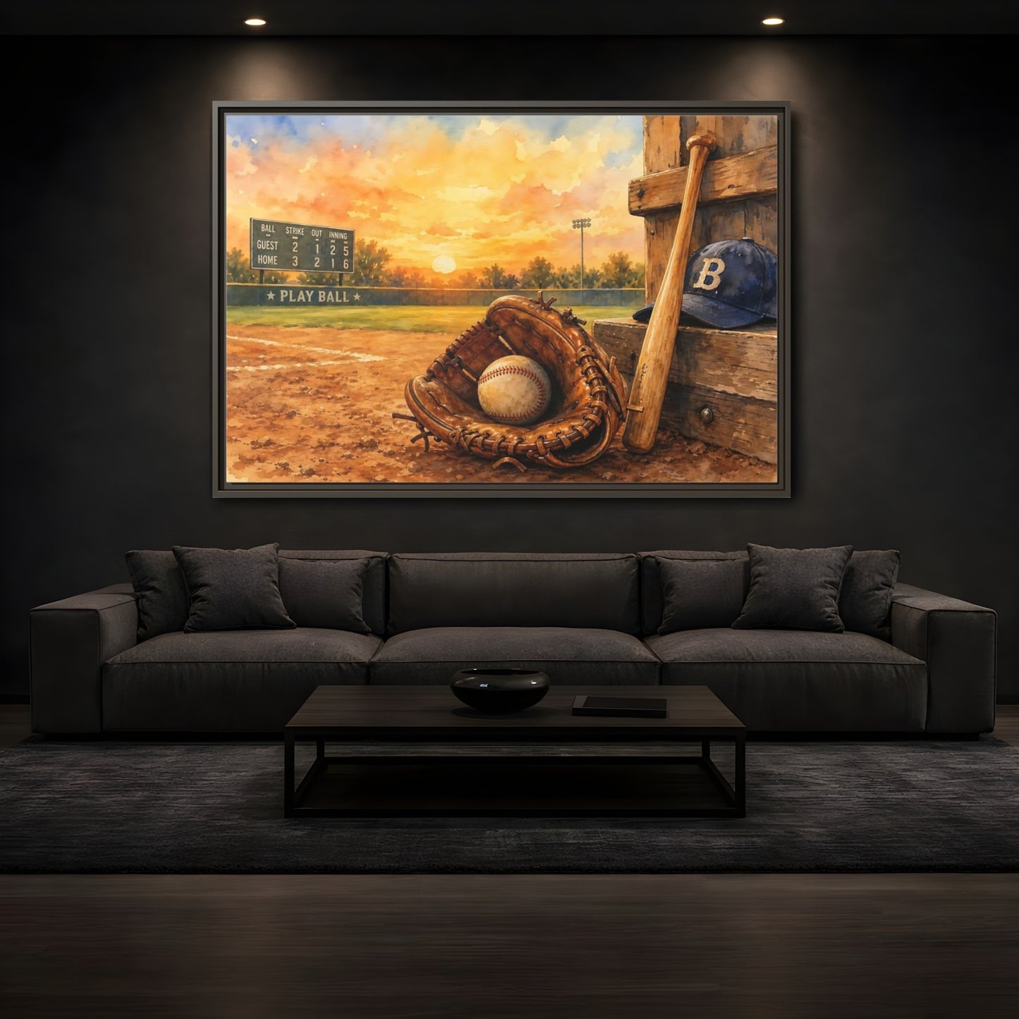 Mockup 3. Play Ball At Sunset shown as framed canvas print