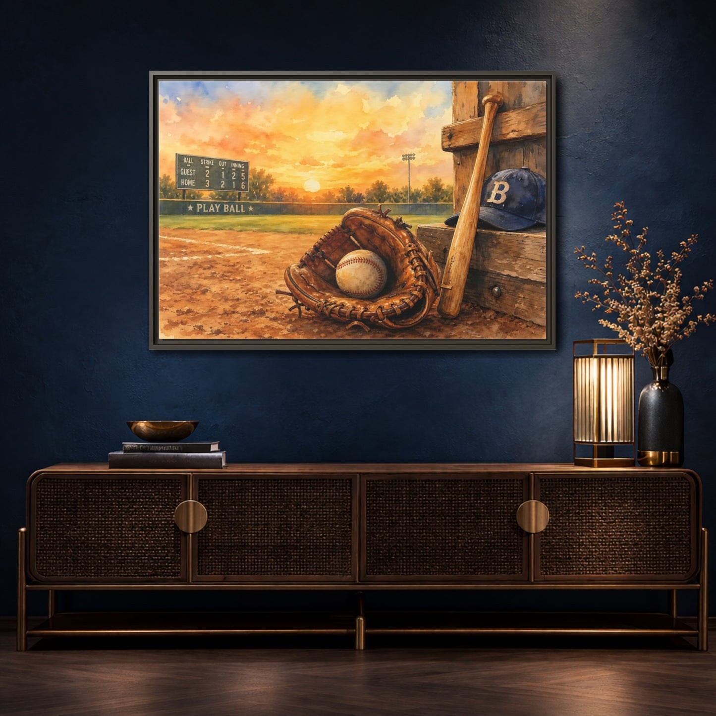 Mockup 4. Play Ball At Sunset shown as framed canvas print