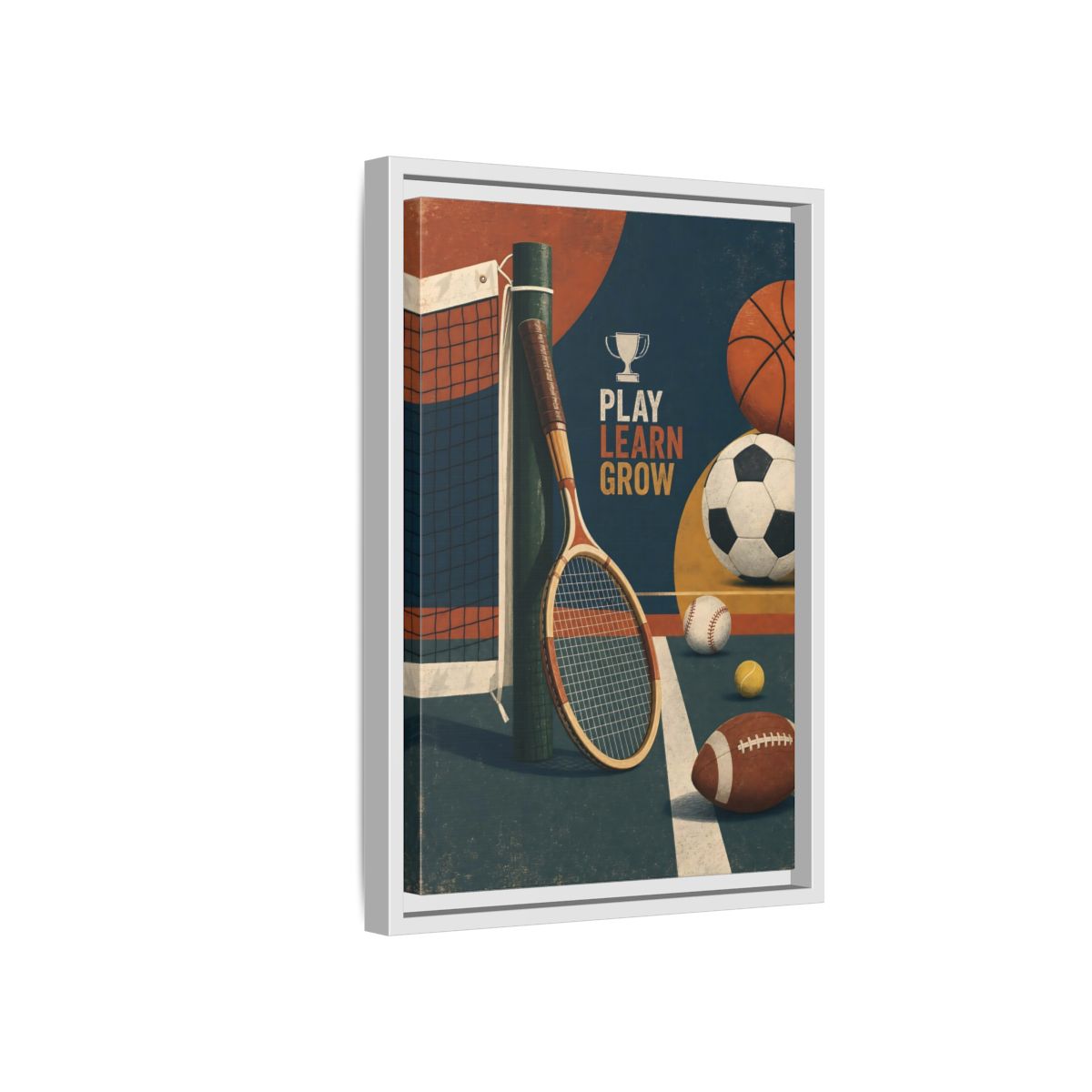 Side Mockup 4. Play Learn Grow Sports shown as framed canvas print
