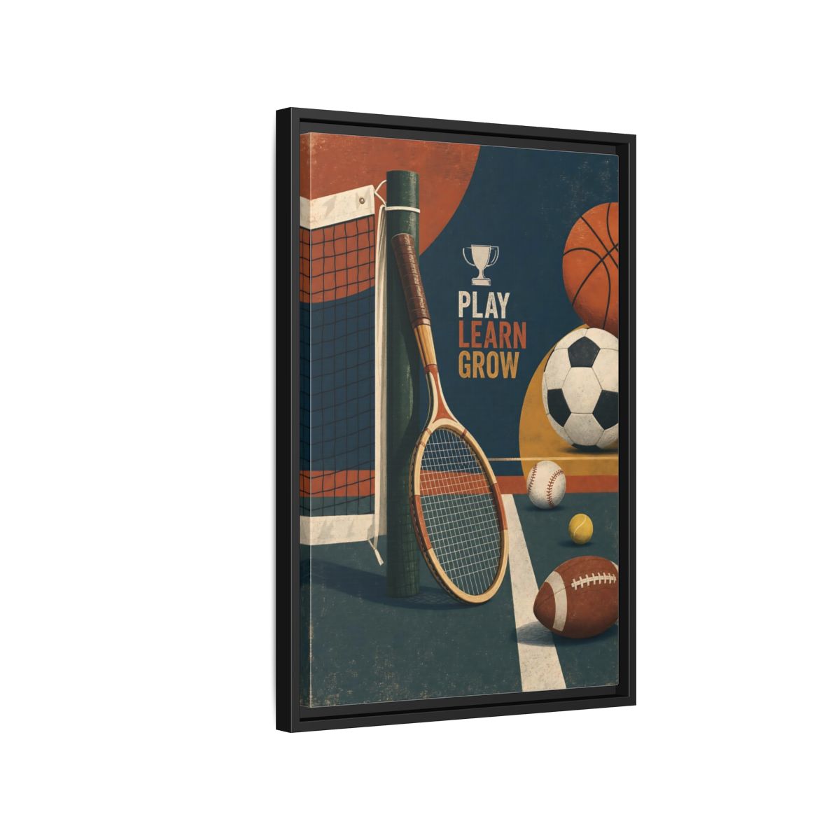 Side Mockup 3. Play Learn Grow Sports shown as framed canvas print