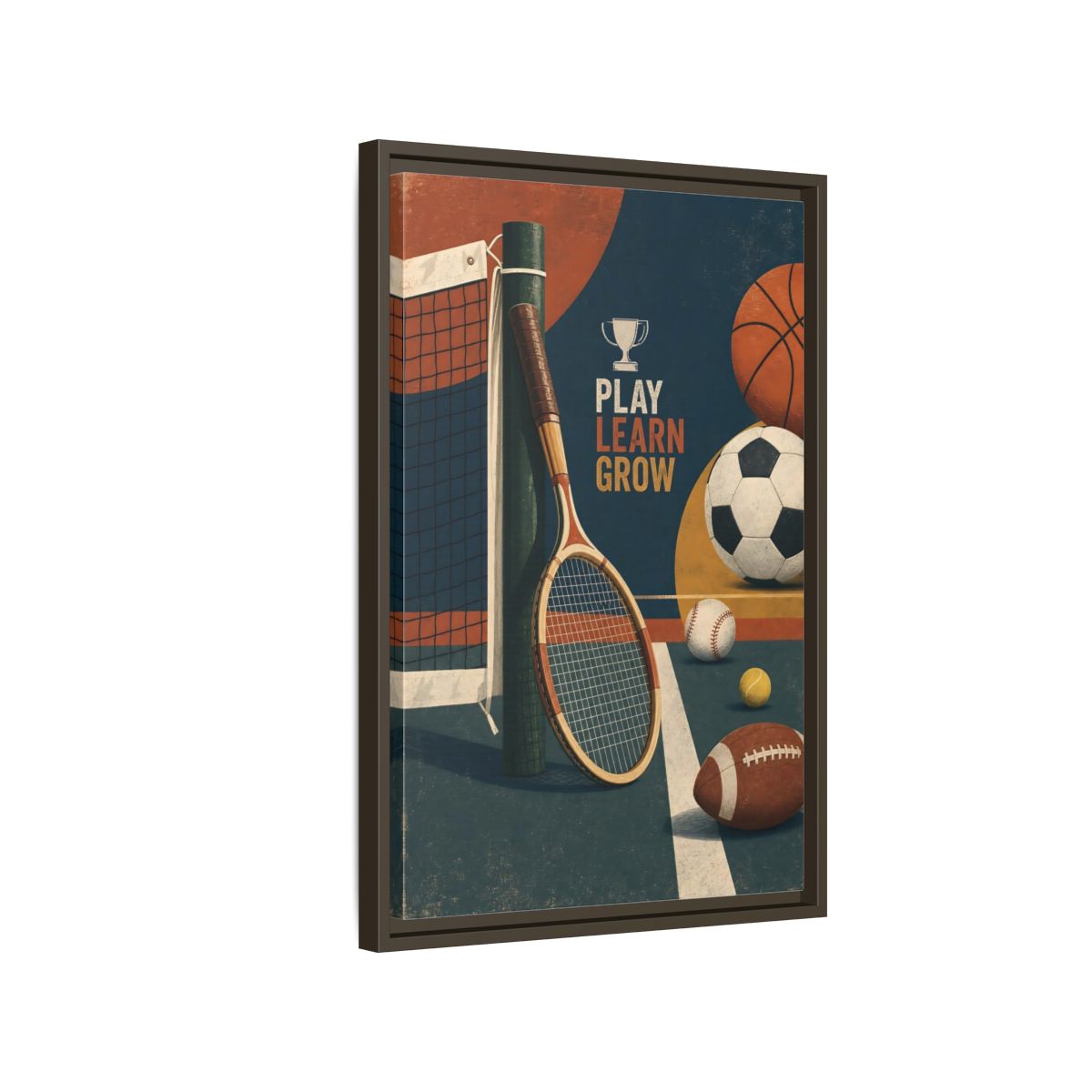 Side Mockup 2. Play Learn Grow Sports shown as framed canvas print