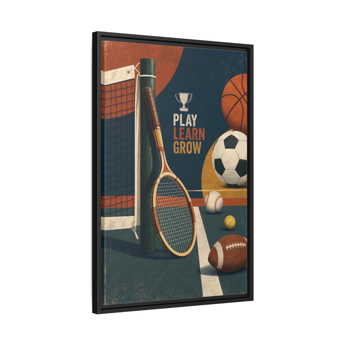 Side Mockup 14. Play Learn Grow Sports shown as framed canvas print