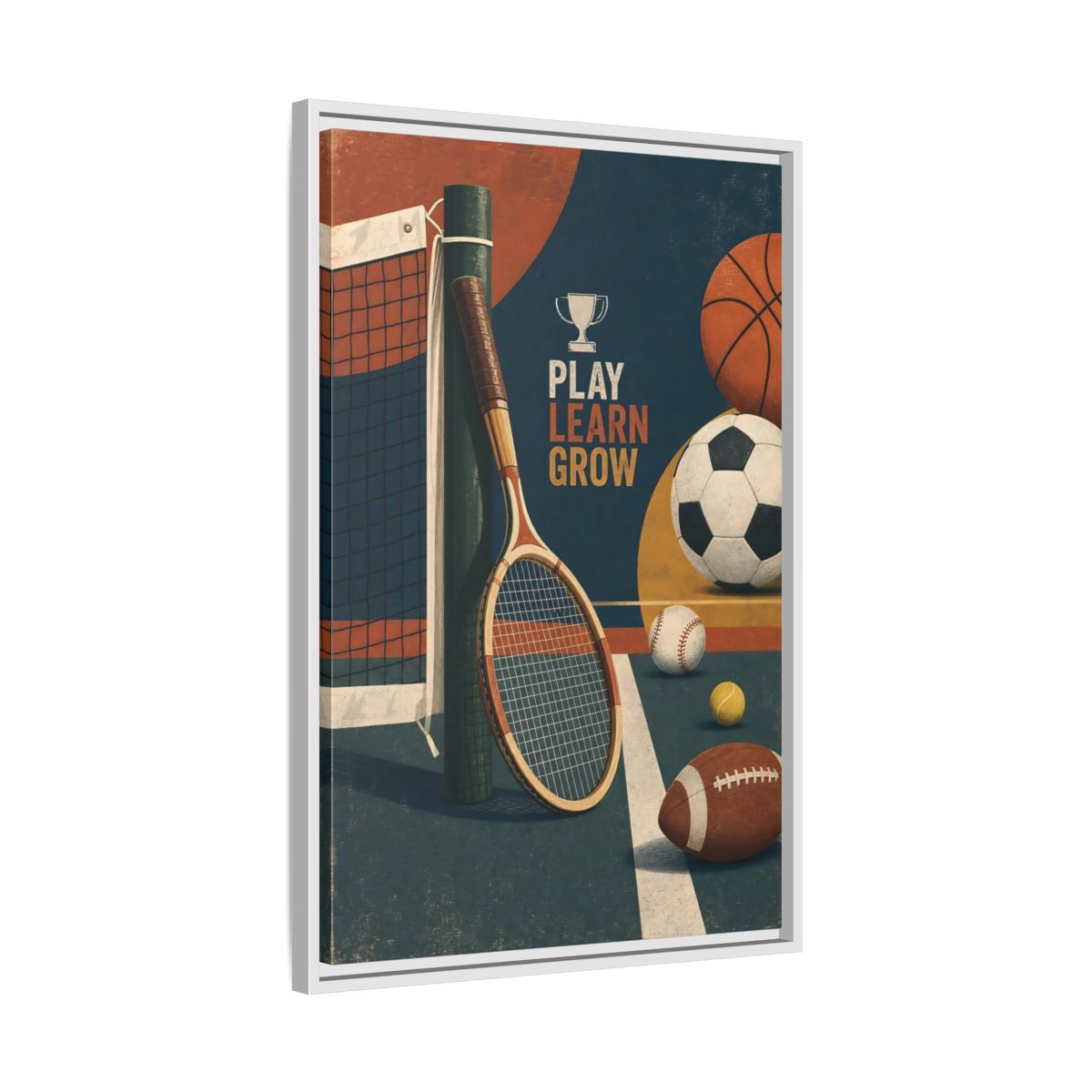 Side Mockup 10. Play Learn Grow Sports shown as framed canvas print