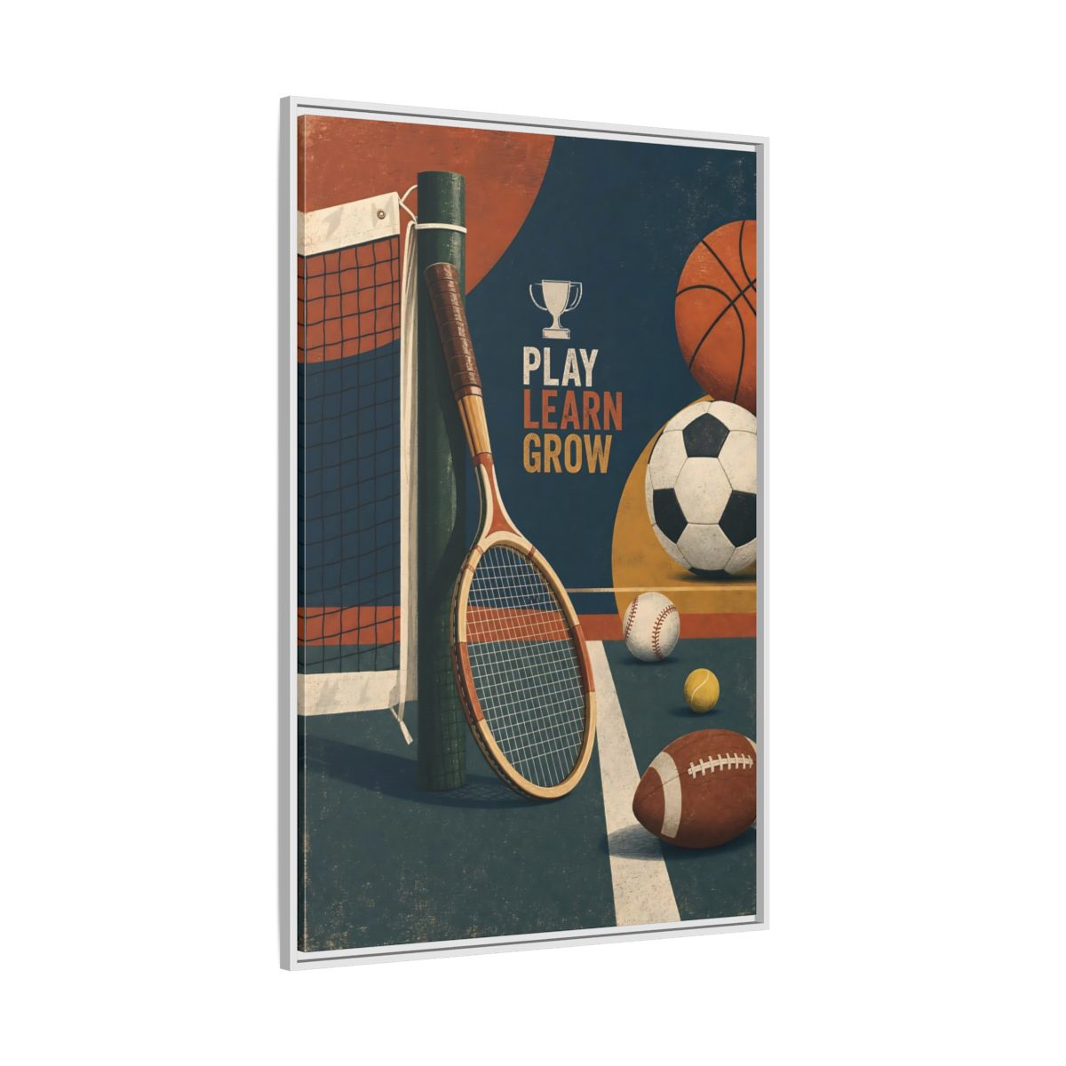 Side Mockup 7. Play Learn Grow Sports shown as framed canvas print