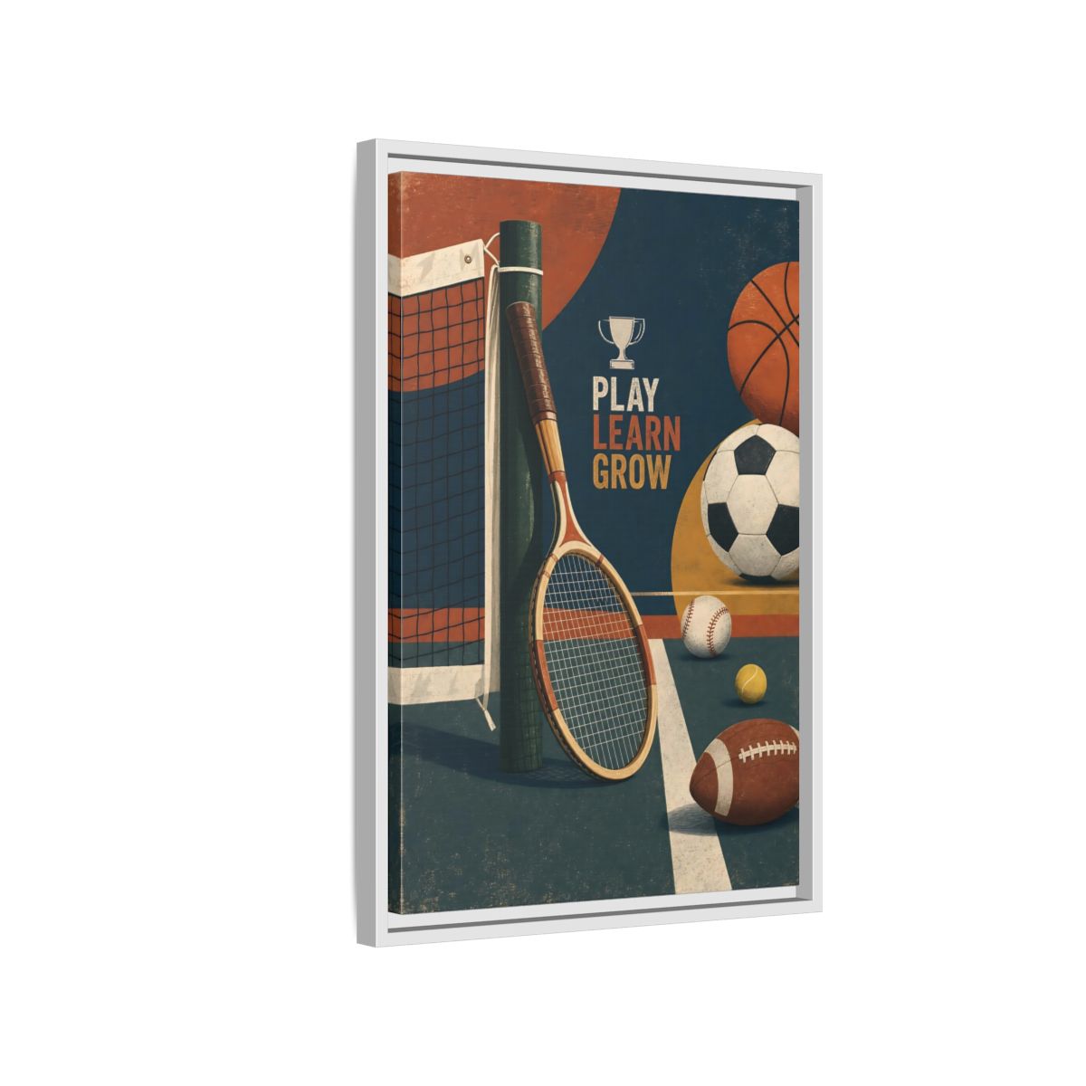 Side Mockup 1. Play Learn Grow Sports shown as framed canvas print