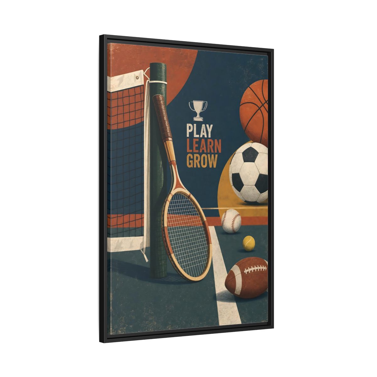 Side Mockup 13. Play Learn Grow Sports shown as framed canvas print