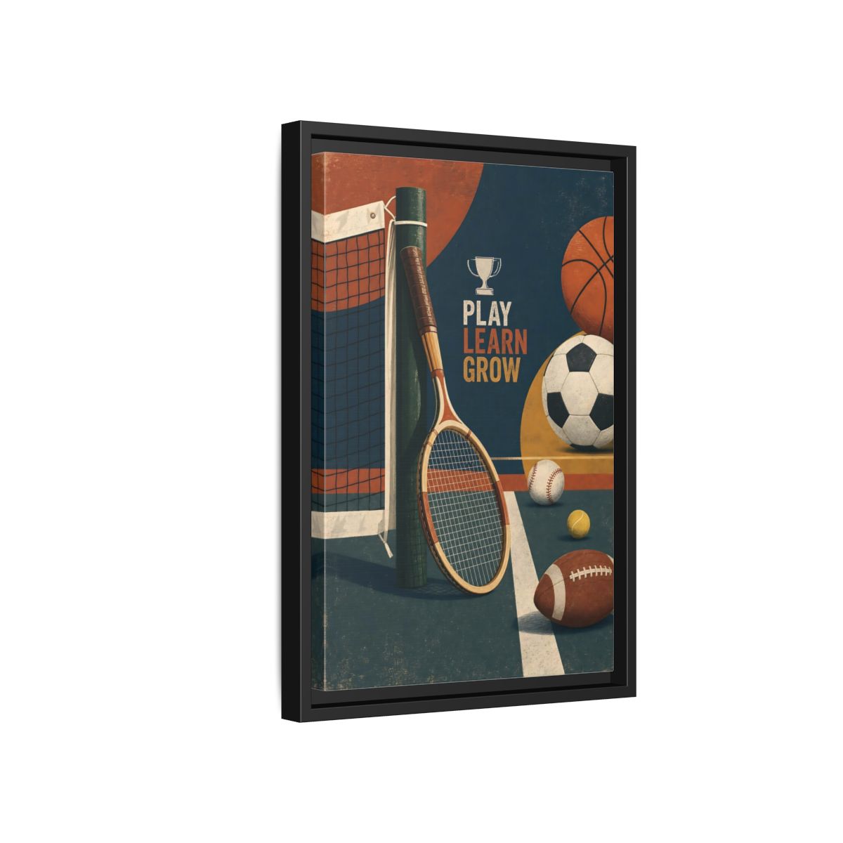Side Mockup 6. Play Learn Grow Sports shown as framed canvas print