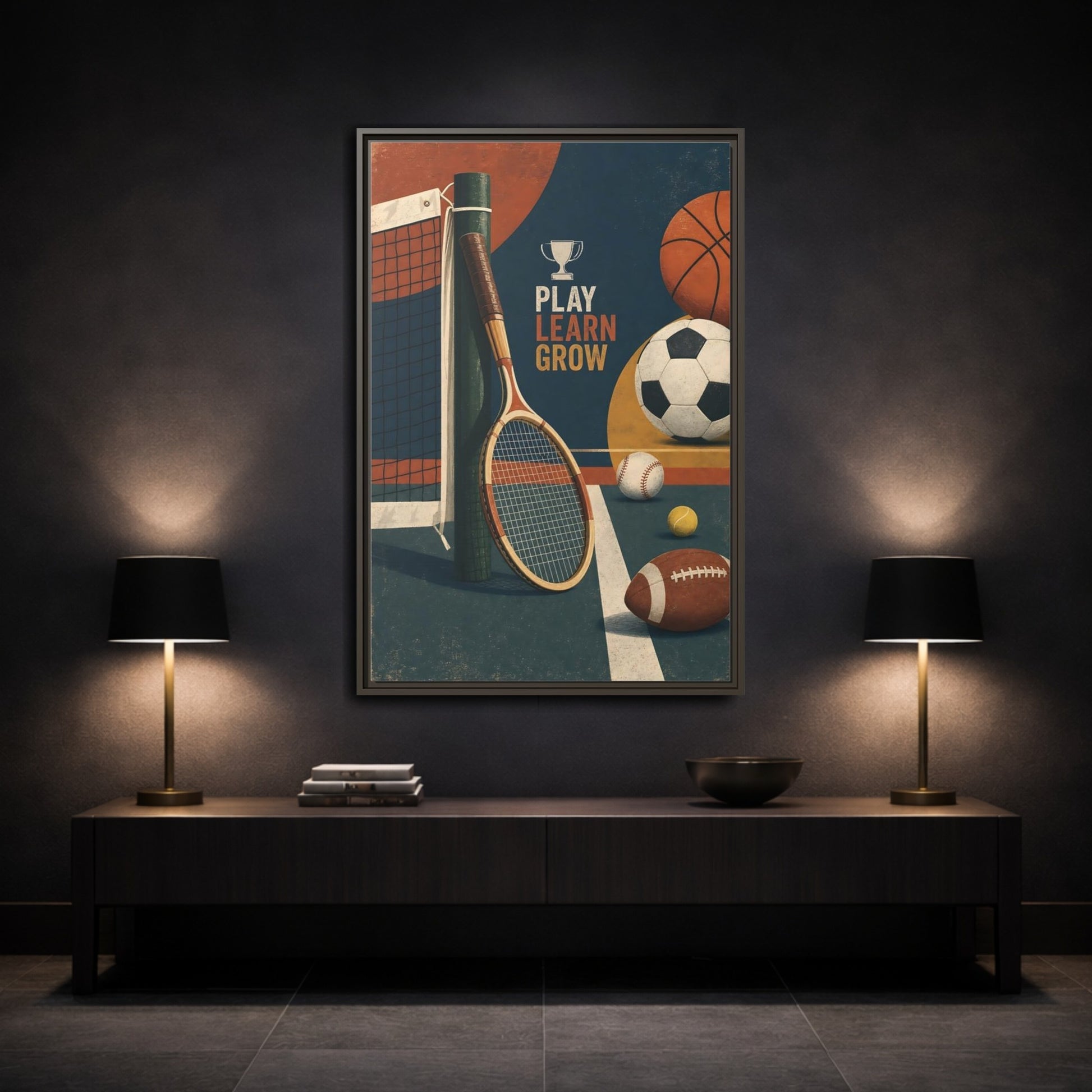 Mockup 3. Play Learn Grow Sports shown as framed canvas print