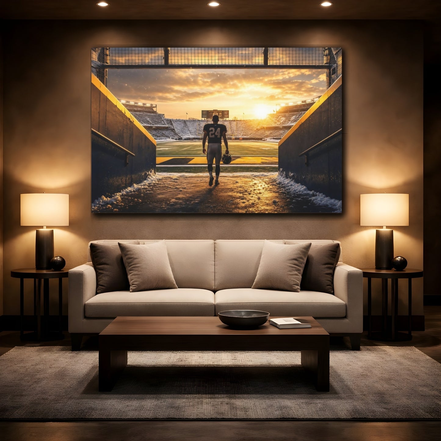 Mockup 2. Player's Walk At Sunset shown as canvas print