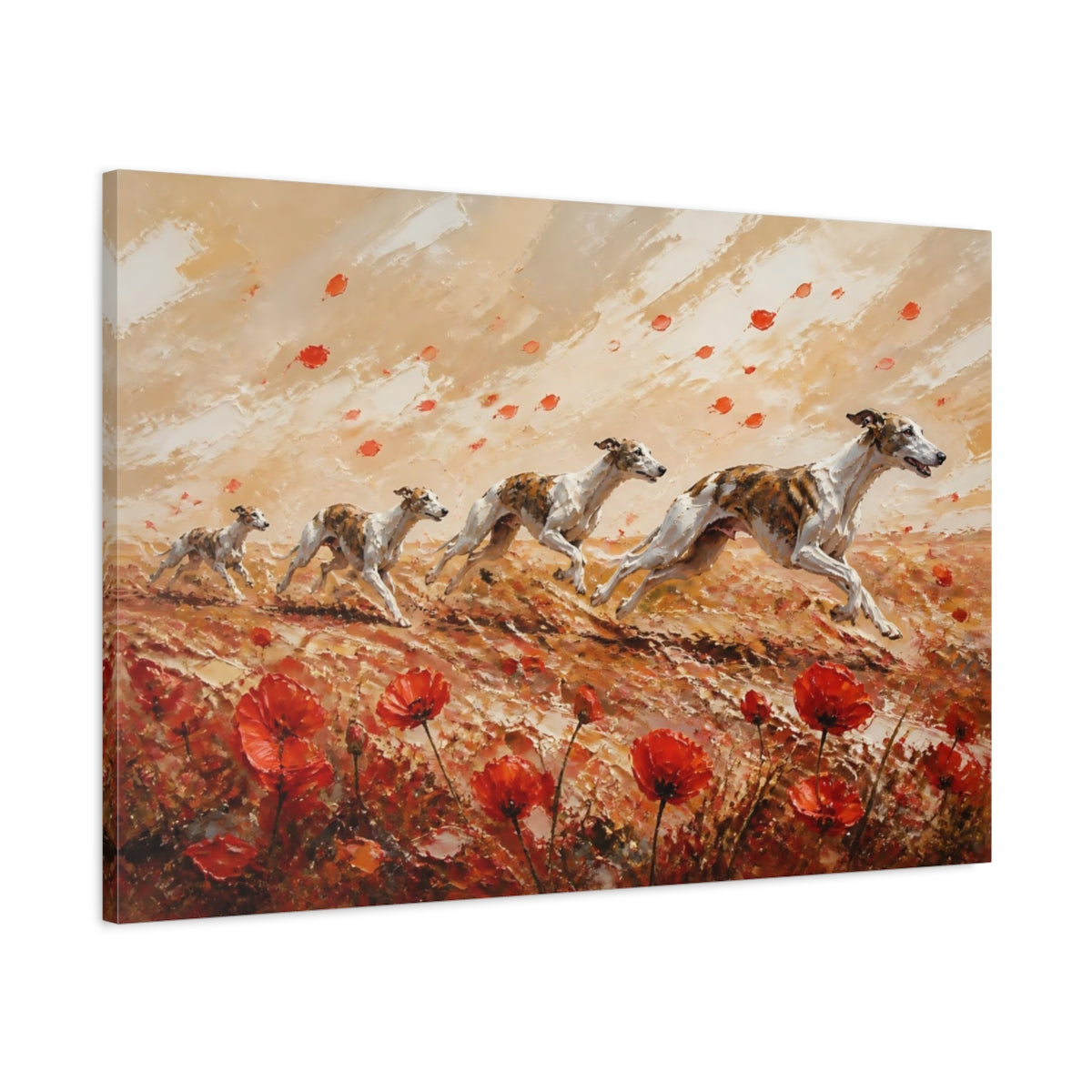 Main Mockup. Playful Pets Poppy Whippets shown as canvas print