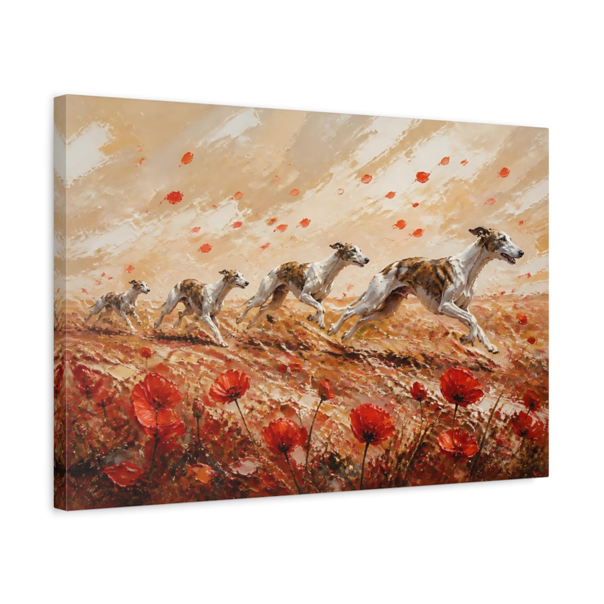 Side Mockup 3. Playful Pets Poppy Whippets shown as canvas print
