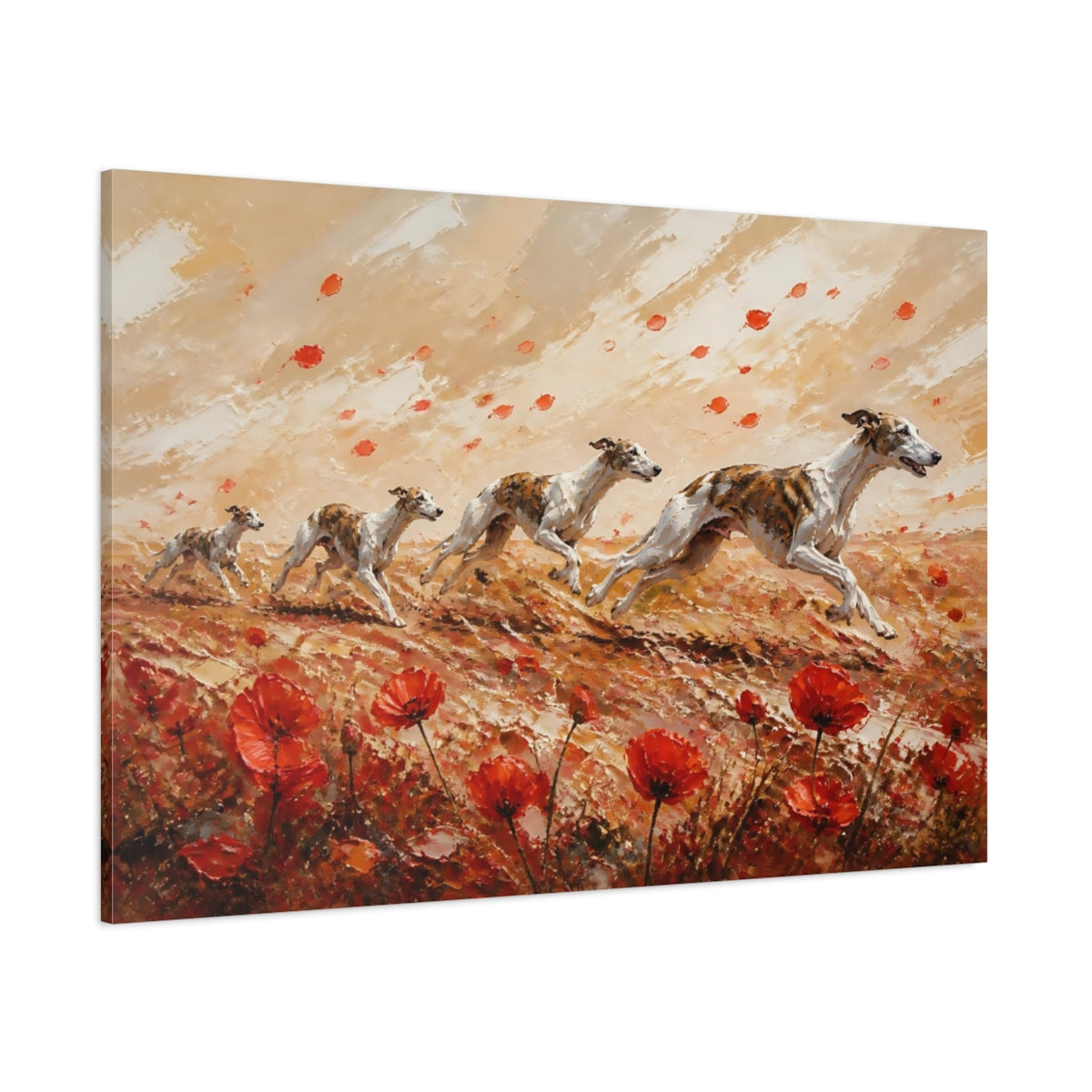 Side Mockup 1. Playful Pets Poppy Whippets shown as canvas print