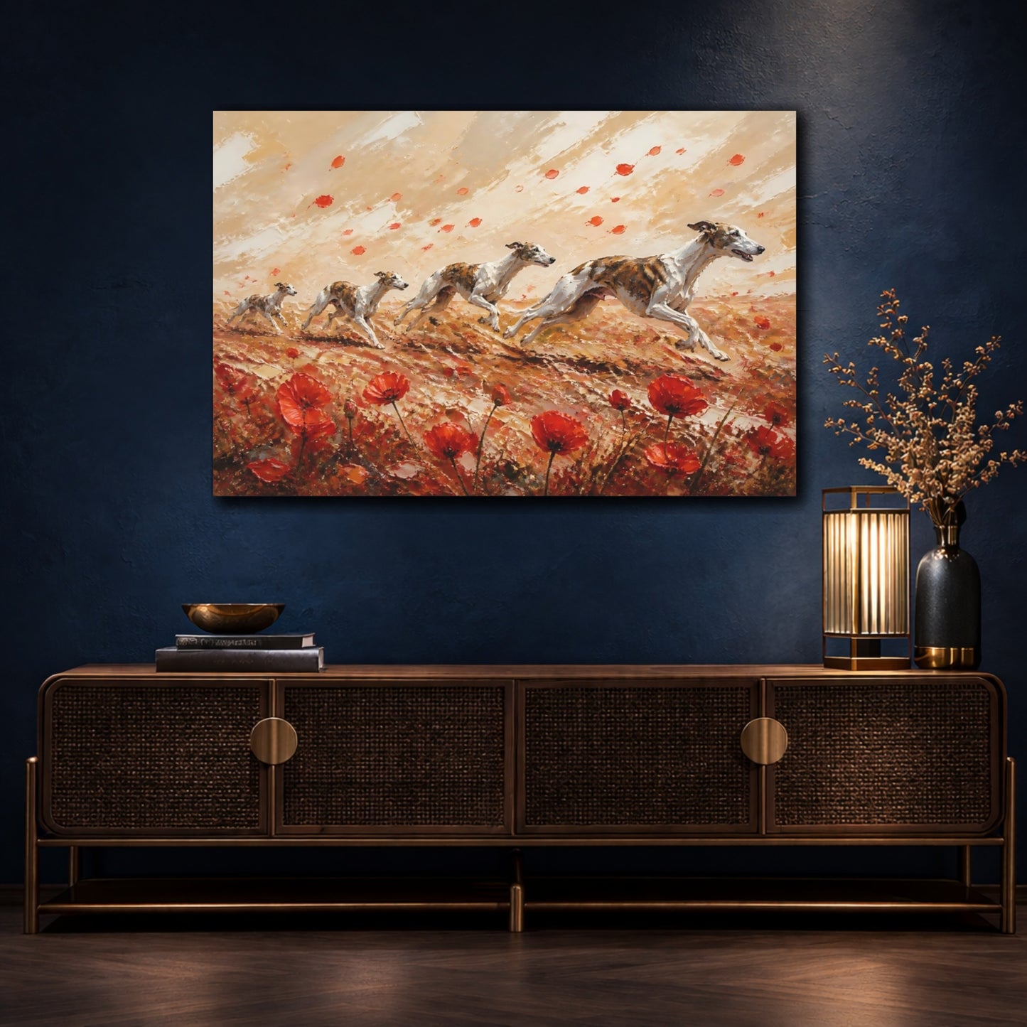 Mockup 4. Playful Pets Poppy Whippets shown as canvas print