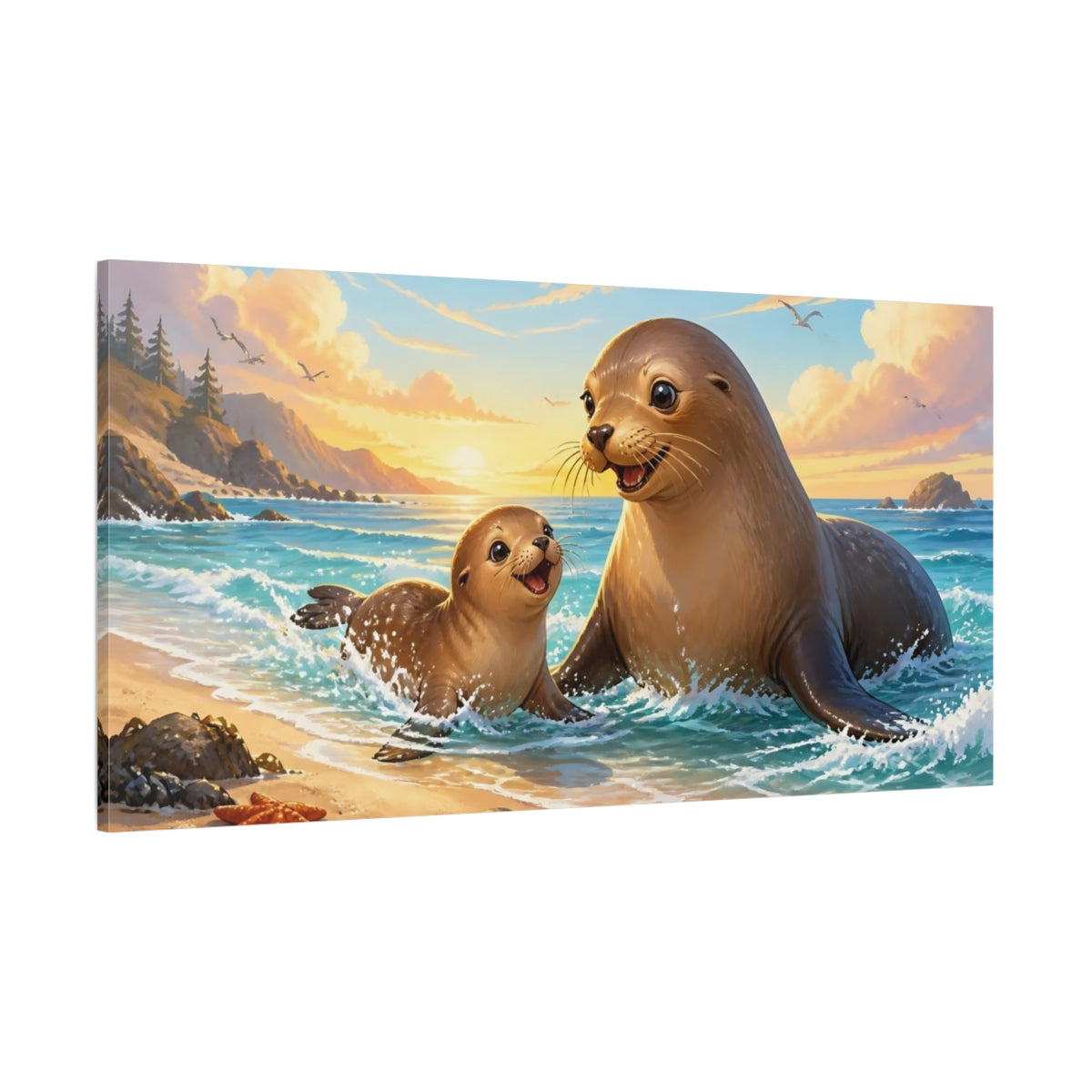 Side Mockup 2. Playful Sea Lion Duo shown as canvas print
