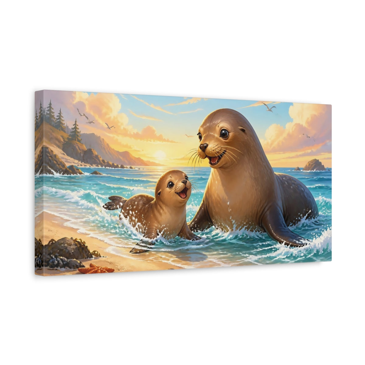 Side Mockup 3. Playful Sea Lion Duo shown as canvas print