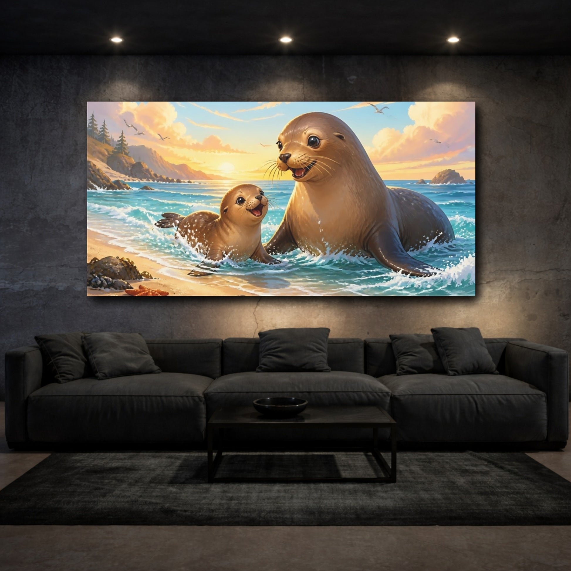 Mockup 3. Playful Sea Lion Duo shown as canvas print