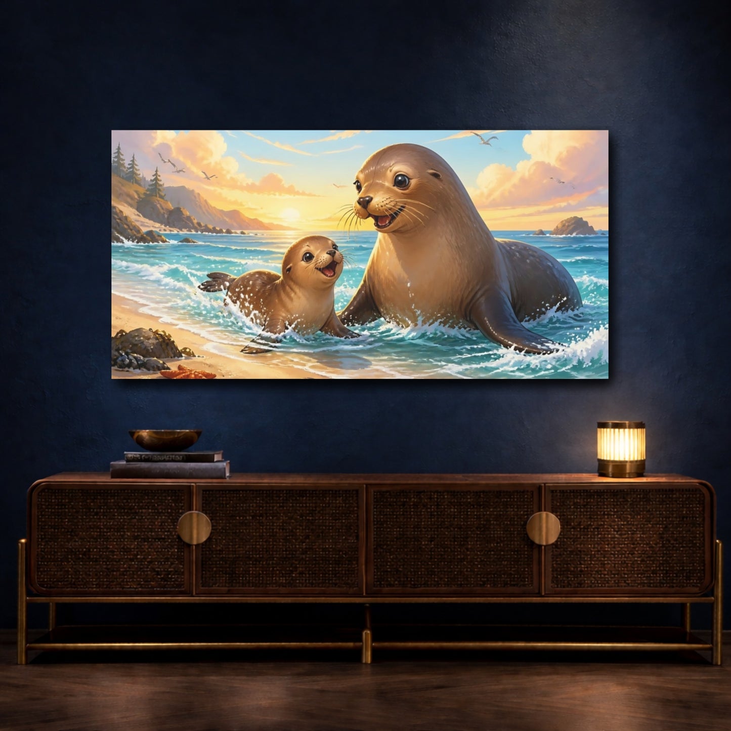 Mockup 4. Playful Sea Lion Duo shown as canvas print