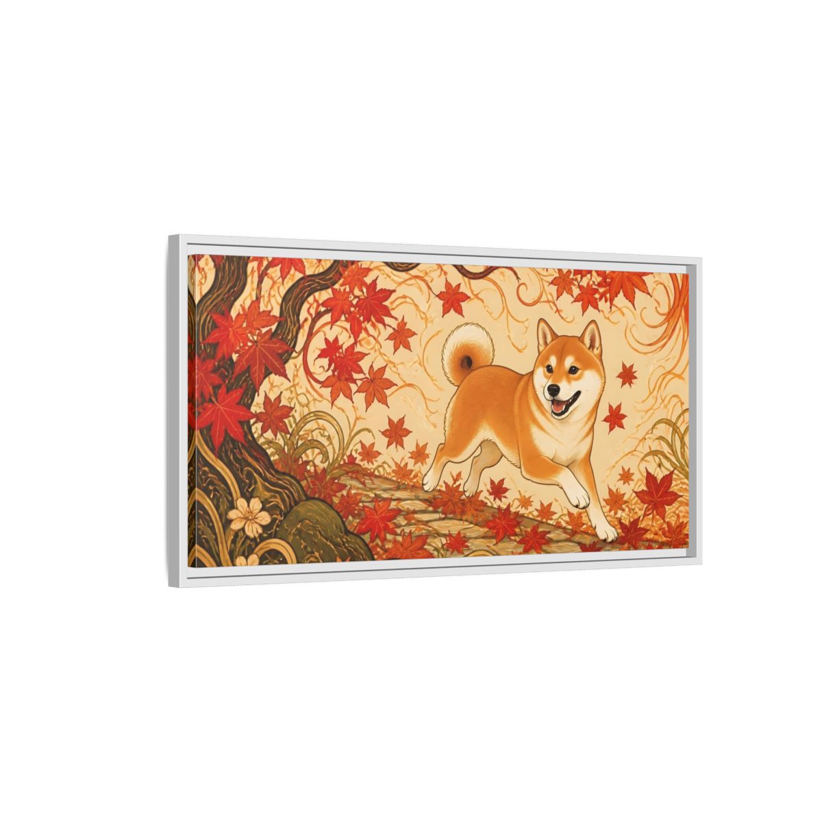 Side Mockup 1. Playful Shiba In Autumn shown as framed canvas print