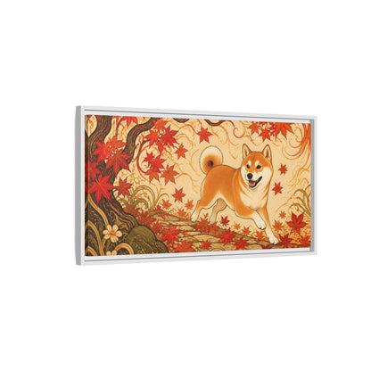 Side Mockup 1. Playful Shiba In Autumn shown as framed canvas print