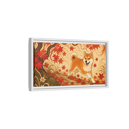 Side Mockup 6. Playful Shiba In Autumn shown as framed canvas print