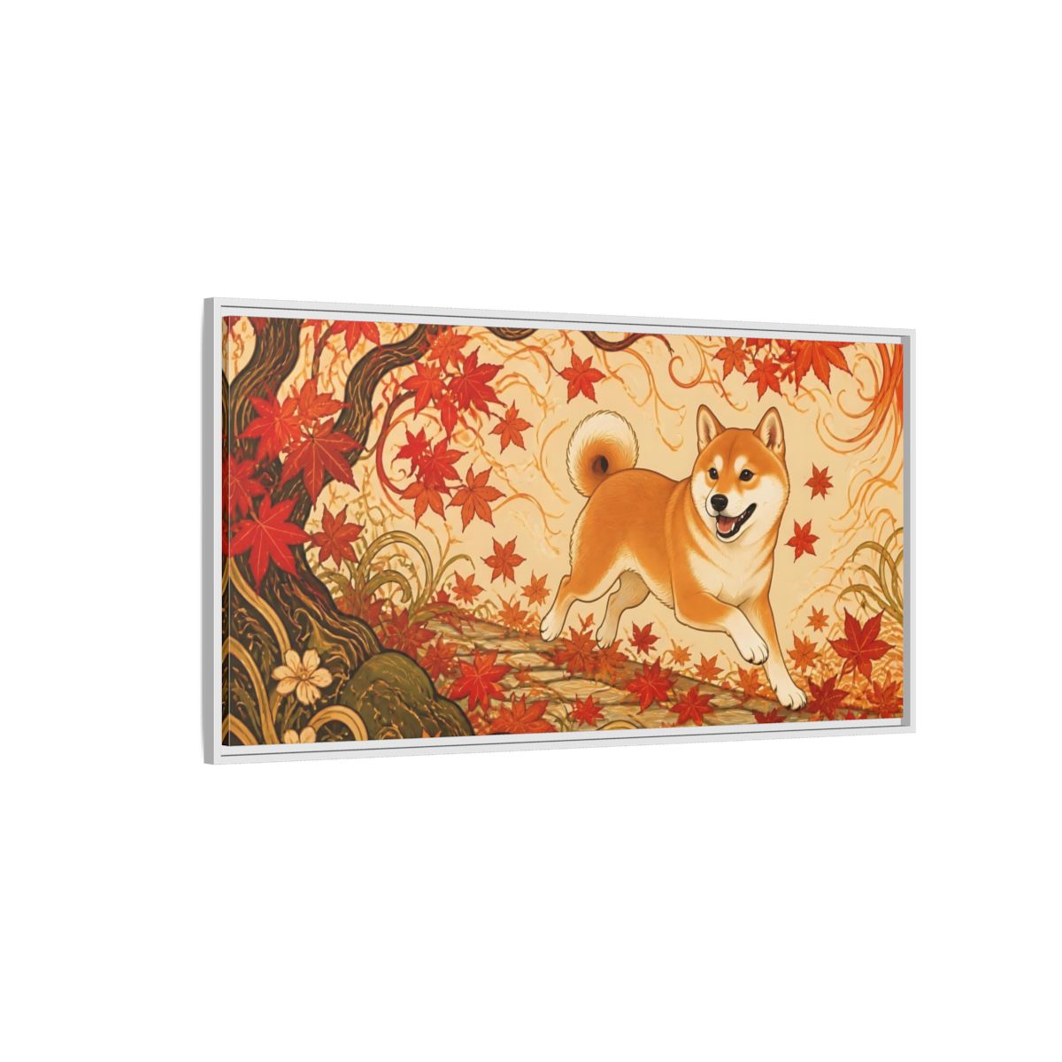 Side Mockup 3. Playful Shiba In Autumn shown as framed canvas print