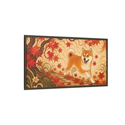 Side Mockup 4. Playful Shiba In Autumn shown as framed canvas print