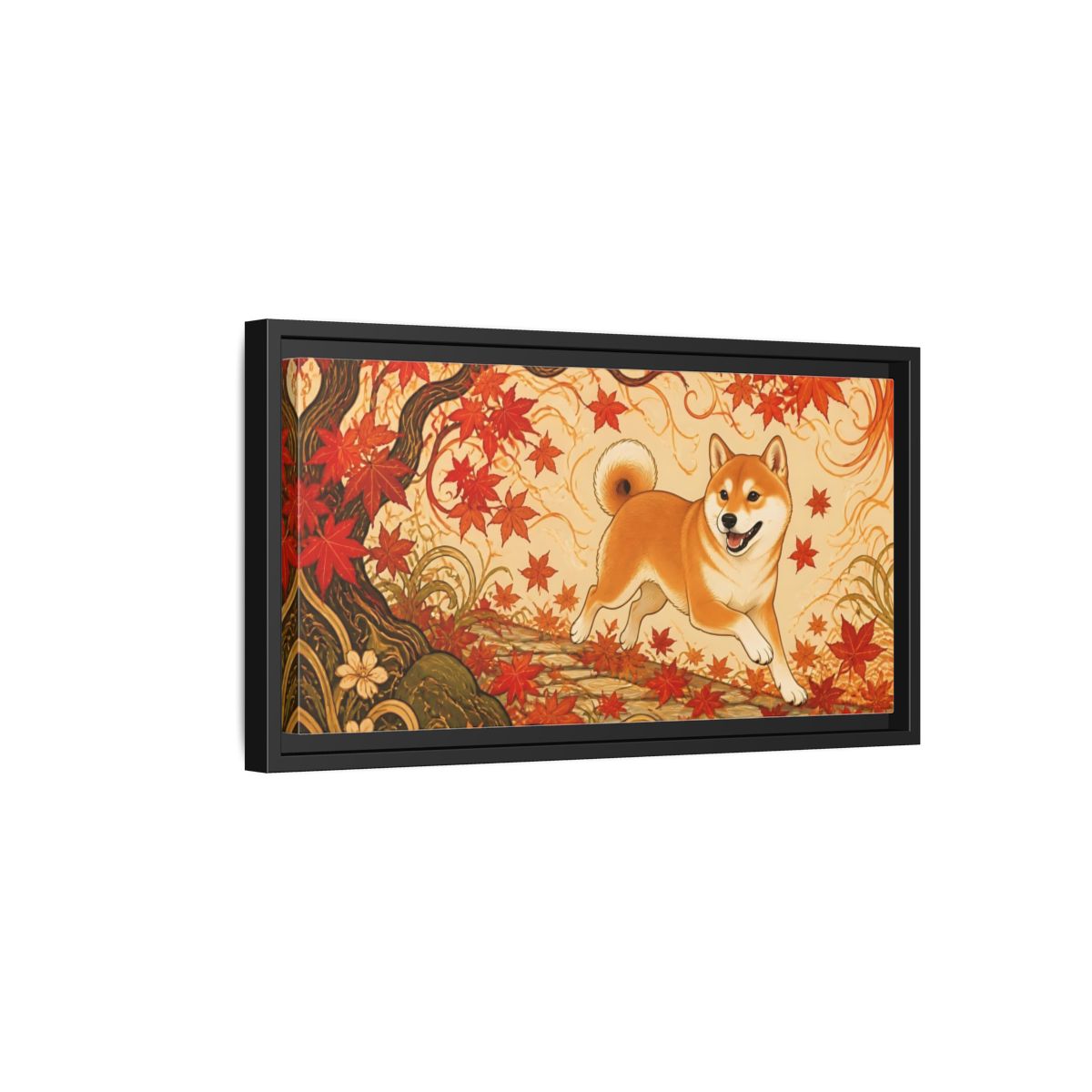 Side Mockup 8. Playful Shiba In Autumn shown as framed canvas print