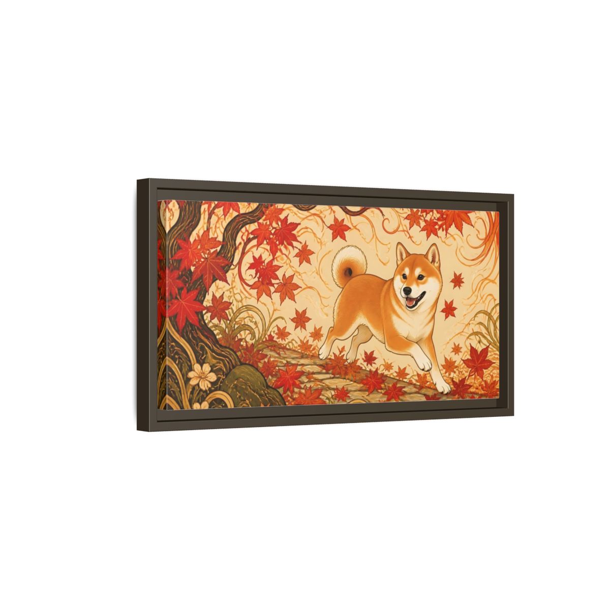Side Mockup 7. Playful Shiba In Autumn shown as framed canvas print