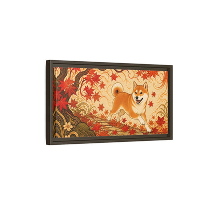 Side Mockup 7. Playful Shiba In Autumn shown as framed canvas print