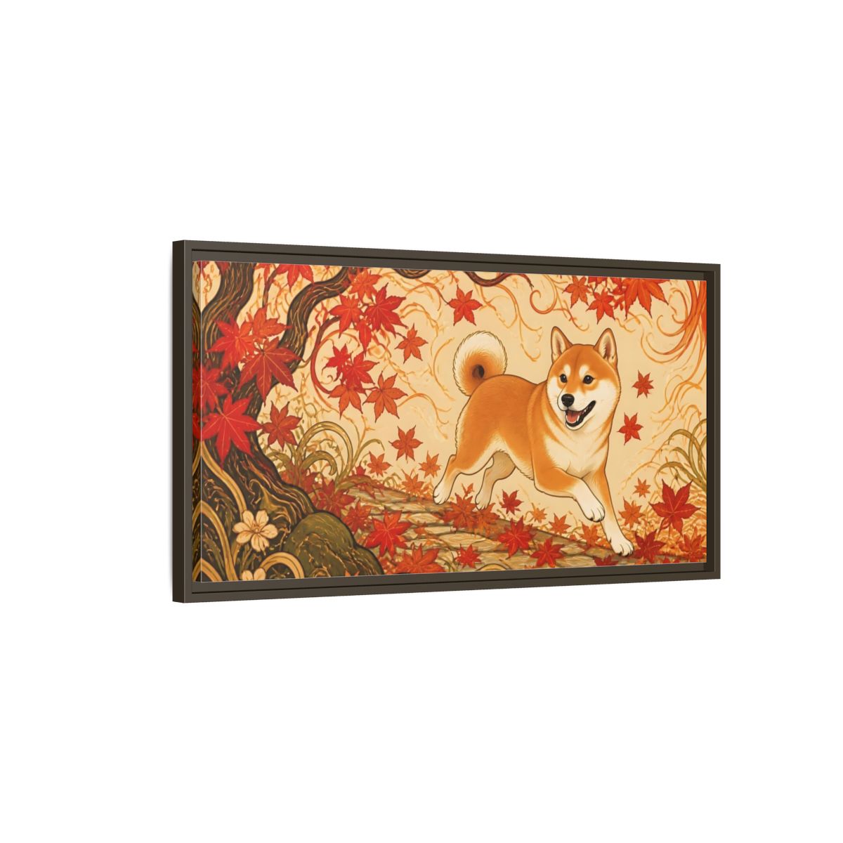 Main Mockup. Playful Shiba In Autumn shown as framed canvas print