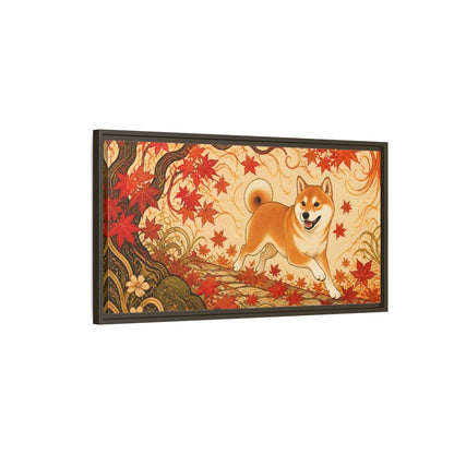 Main Mockup. Playful Shiba In Autumn shown as framed canvas print